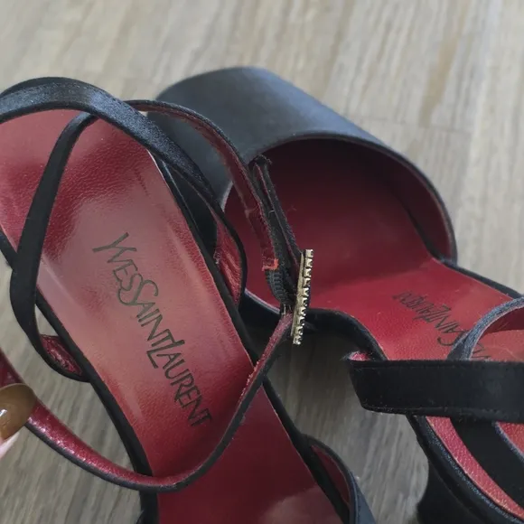 Vintage Yves Saint Laurent Black Satin Leather Peep-Toe Ankle Strap Sandals, 9