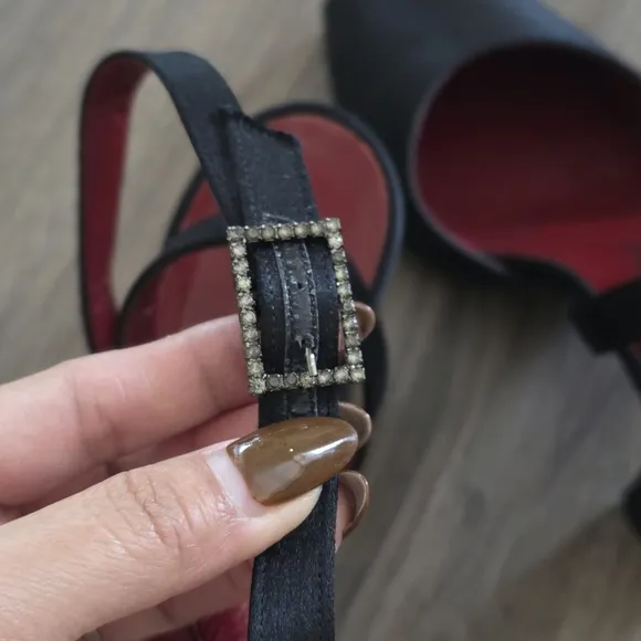 Vintage Yves Saint Laurent Black Satin Leather Peep-Toe Ankle Strap Sandals, 9