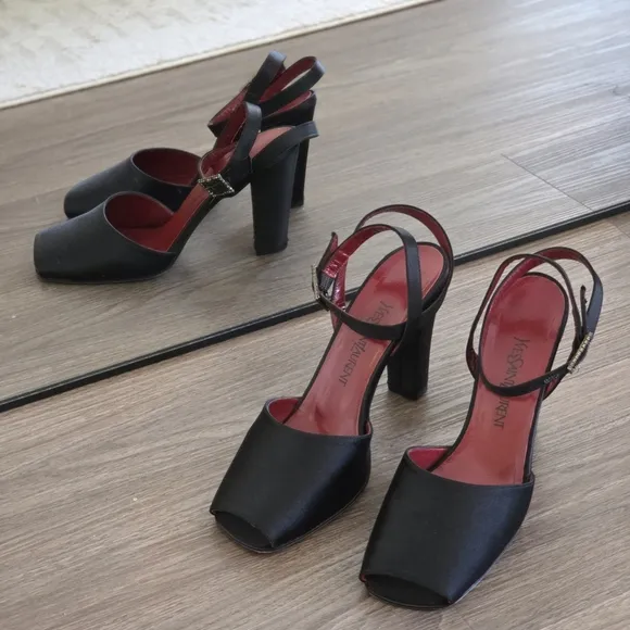 Vintage Yves Saint Laurent Black Satin Leather Peep-Toe Ankle Strap Sandals, 9