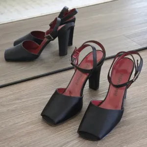 Vintage Yves Saint Laurent Black Satin Leather Peep-Toe Ankle Strap Sandals, 9
