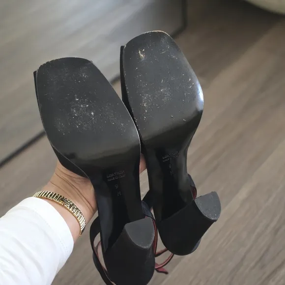 Vintage Yves Saint Laurent Black Satin Leather Peep-Toe Ankle Strap Sandals, 9