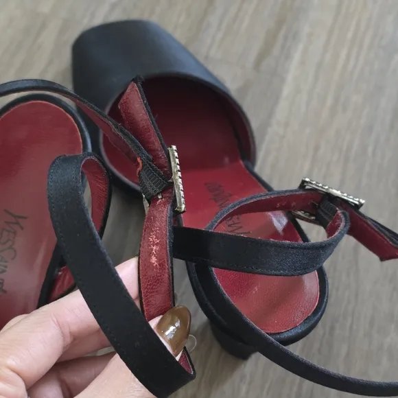Vintage Yves Saint Laurent Black Satin Leather Peep-Toe Ankle Strap Sandals, 9