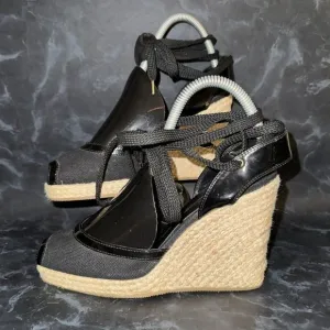 Vintage Fendi Black Denim &amp; Patent Leather Wedge Gladiator Sandals Size 7 (37.5)
