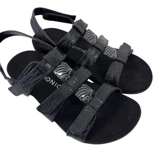 Vionic Amber Womens Black Adjustable Strap Sandals Size 8 EU 38 Croc-Embossed St
