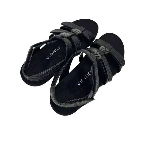 Vionic AMBER Womens Strappy Black Sandals SZ 8 Adjustable Strap Textured Pattern