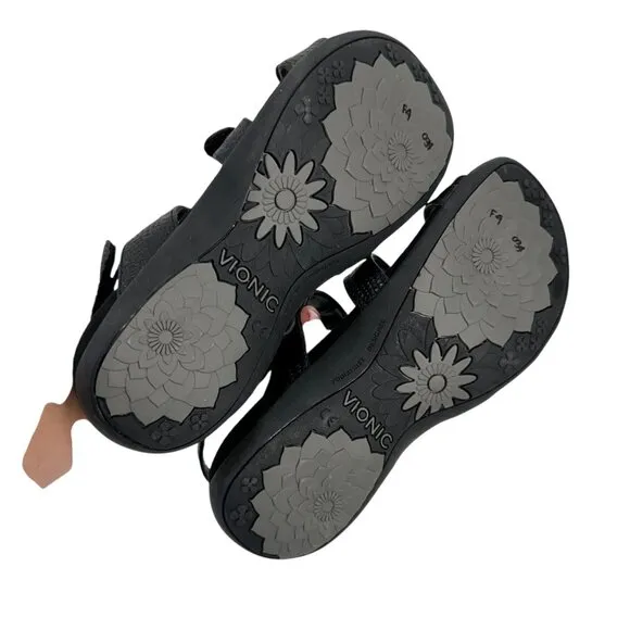 Vionic AMBER Womens Strappy Black Sandals SZ 8 Adjustable Strap Textured Pattern