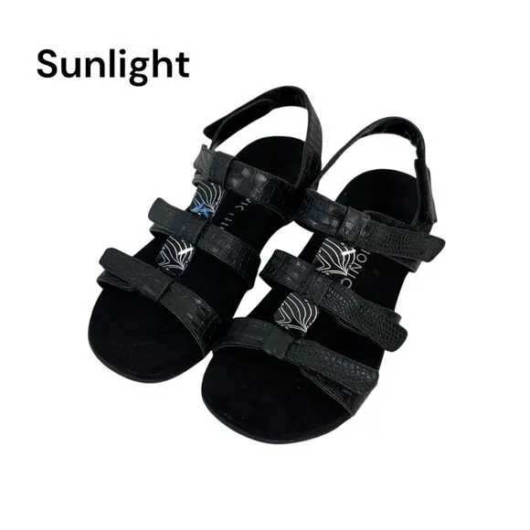 Vionic AMBER Womens Strappy Black Sandals SZ 8 Adjustable Strap Textured Pattern