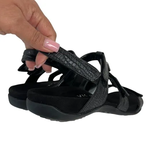 Vionic AMBER Womens Strappy Black Sandals SZ 8 Adjustable Strap Textured Pattern
