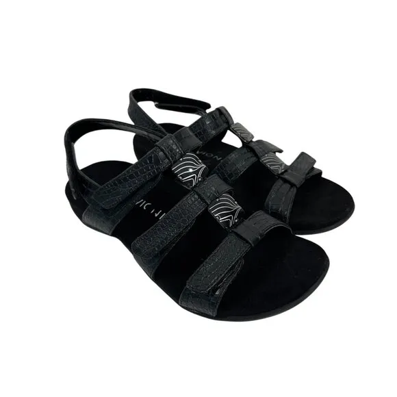 Vionic AMBER Womens Strappy Black Sandals SZ 8 Adjustable Strap Textured Pattern