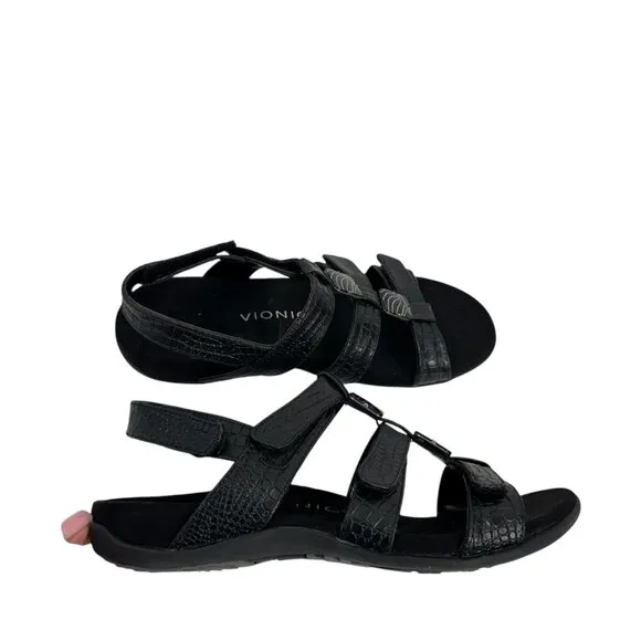 Vionic AMBER Womens Strappy Black Sandals SZ 8 Adjustable Strap Textured Pattern