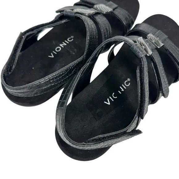 Vionic AMBER Womens Strappy Black Sandals SZ 8 Adjustable Strap Textured Pattern