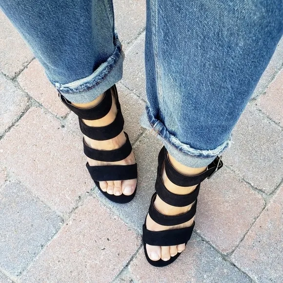 Vionic Black Suede Strappy Stacked Block Heel Blaire Sandals Heels New 6 6.5