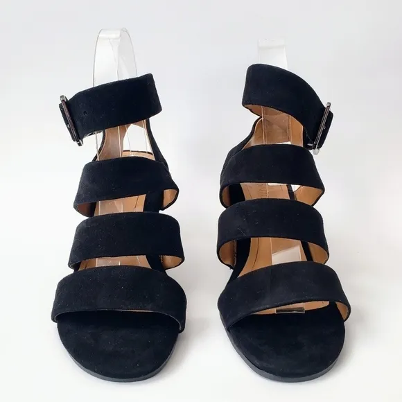 Vionic Black Suede Strappy Stacked Block Heel Blaire Sandals Heels New 6 6.5