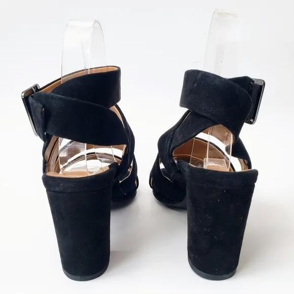 Vionic Black Suede Strappy Stacked Block Heel Blaire Sandals Heels New 6 6.5