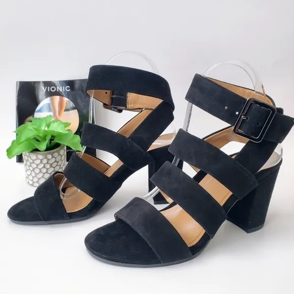 Vionic Black Suede Strappy Stacked Block Heel Blaire Sandals Heels New 6 6.5