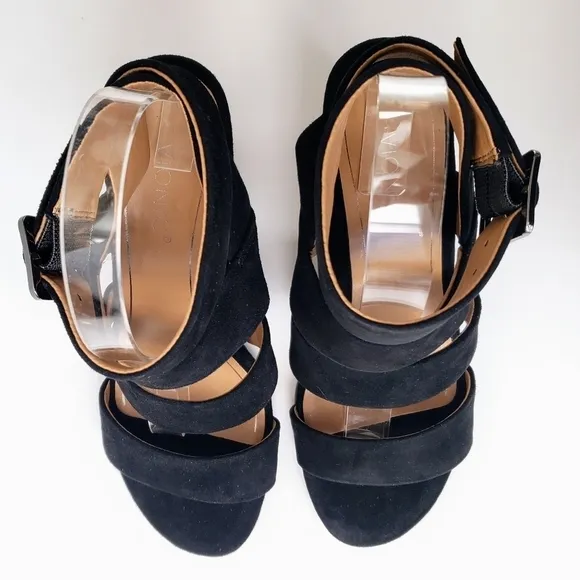 Vionic Black Suede Strappy Stacked Block Heel Blaire Sandals Heels New 6 6.5
