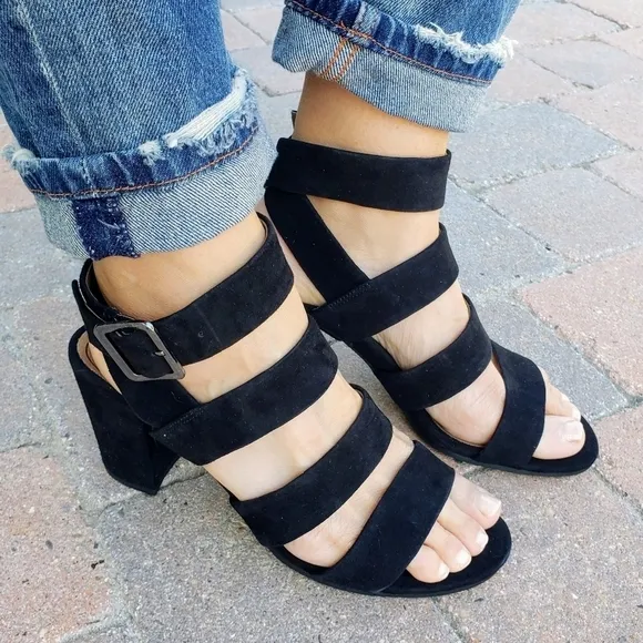 Vionic Black Suede Strappy Stacked Block Heel Blaire Sandals Heels New 6 6.5