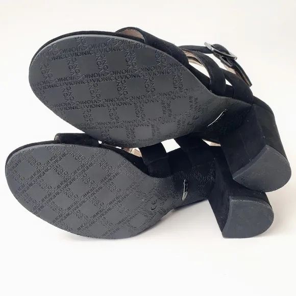 Vionic Black Suede Strappy Stacked Block Heel Blaire Sandals Heels New 6 6.5