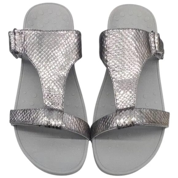 Vionic Ellie Platform Slide Sandal Metallic Silver Pewter Snakekin Women's 12