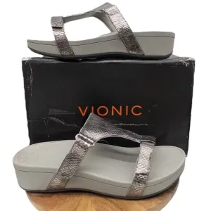 Vionic Ellie Platform Slide Sandal Metallic Silver Pewter Snakekin Women's 12