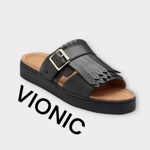 Vionic Fillmore Black Leather Sandals,  Platform, Open Toe, Mules Women's Size 6