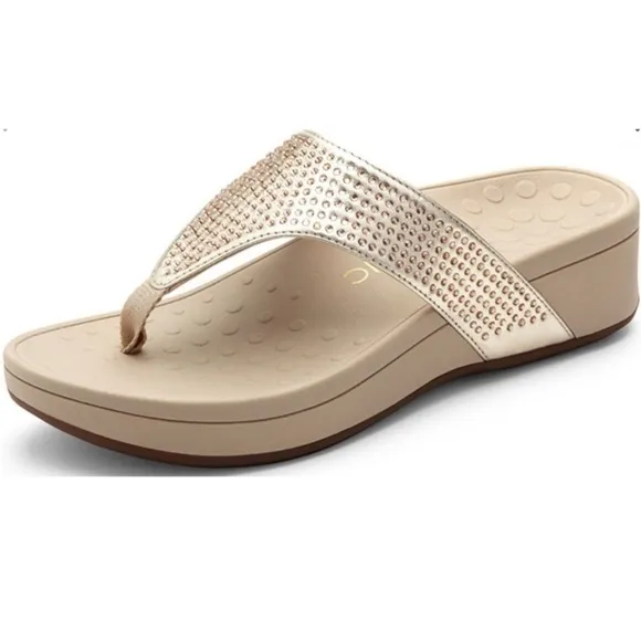 Vionic Like New Pacific Naples Studded Thong Sandals SZ 8 Champagne Tan Shoes