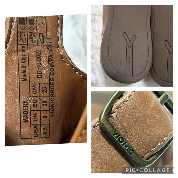 Vionic Madera Sandals Women 8.5M Tan Leather Casual Modern Chic Minimalist Boho