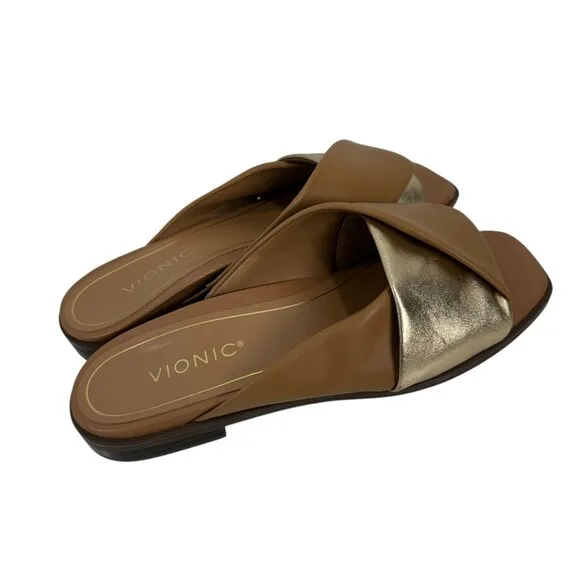 Vionic Miramar Women SZ 9 Leather Brown&amp;Gold Crossover Slide Sandals Square Toe