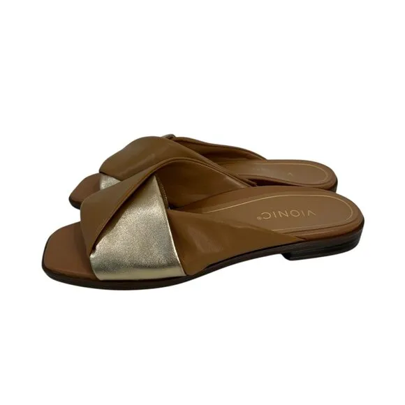 Vionic Miramar Women SZ 9 Leather Brown&amp;Gold Crossover Slide Sandals Square Toe