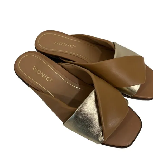 Vionic Miramar Women SZ 9 Leather Brown&amp;Gold Crossover Slide Sandals Square Toe