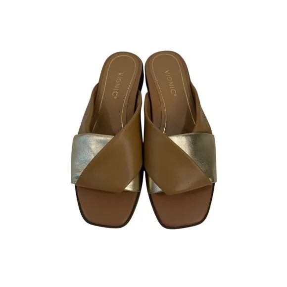 Vionic Miramar Women SZ 9 Leather Brown&amp;Gold Crossover Slide Sandals Square Toe