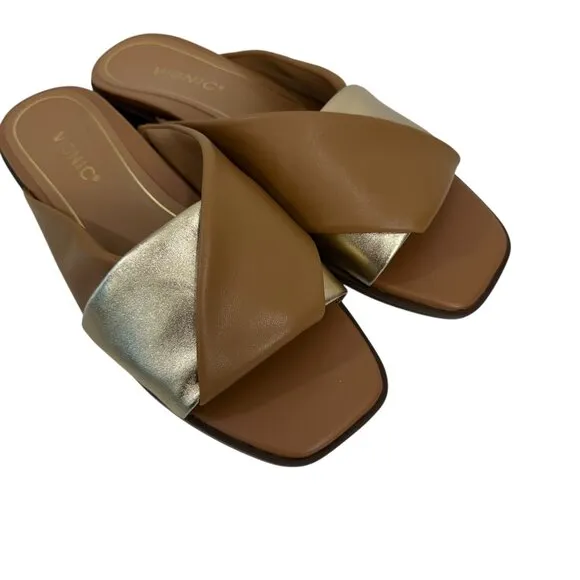 Vionic Miramar Women SZ 9 Leather Brown&amp;Gold Crossover Slide Sandals Square Toe