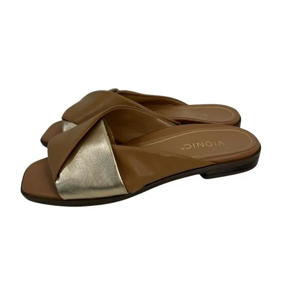 Vionic Miramar Women SZ 9 Leather Brown&amp;Gold Crossover Slide Sandals Square Toe