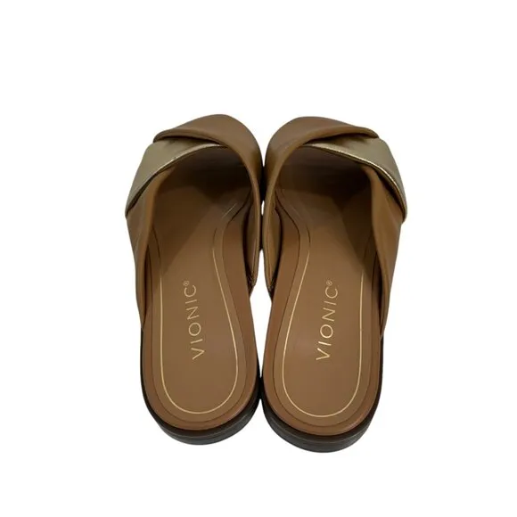 Vionic Miramar Women SZ 9 Leather Brown&amp;Gold Crossover Slide Sandals Square Toe
