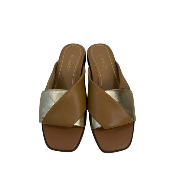 Vionic Miramar Women SZ 9 Leather Brown&amp;Gold Crossover Slide Sandals Square Toe