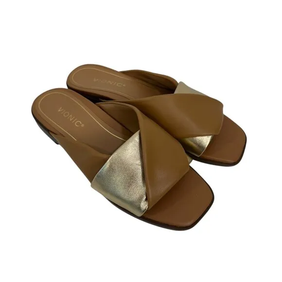 Vionic Miramar Women SZ 9 Leather Brown&amp;Gold Crossover Slide Sandals Square Toe