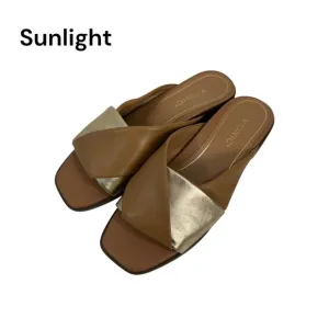 Vionic Miramar Women SZ 9 Leather Brown&amp;Gold Crossover Slide Sandals Square Toe