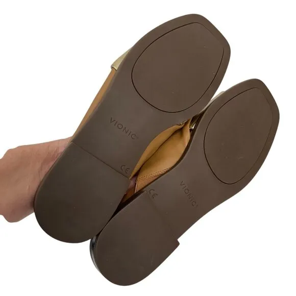 Vionic Miramar Women SZ 9 Leather Brown&amp;Gold Crossover Slide Sandals Square Toe