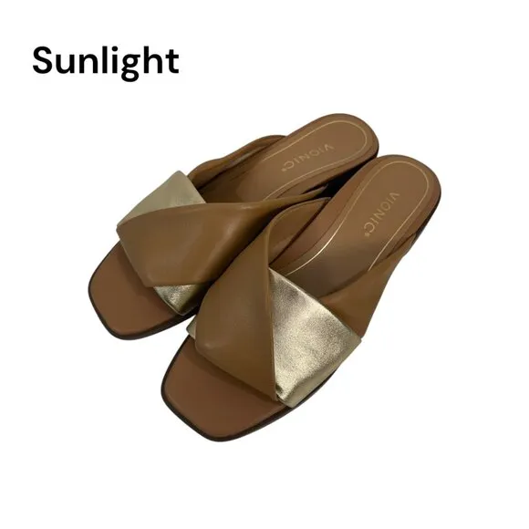 Vionic Miramar Women SZ 9 Leather Brown&amp;Gold Crossover Slide Sandals Square Toe
