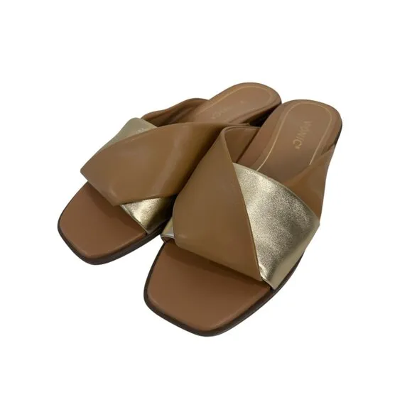 Vionic Miramar Women SZ 9 Leather Brown&amp;Gold Crossover Slide Sandals Square Toe
