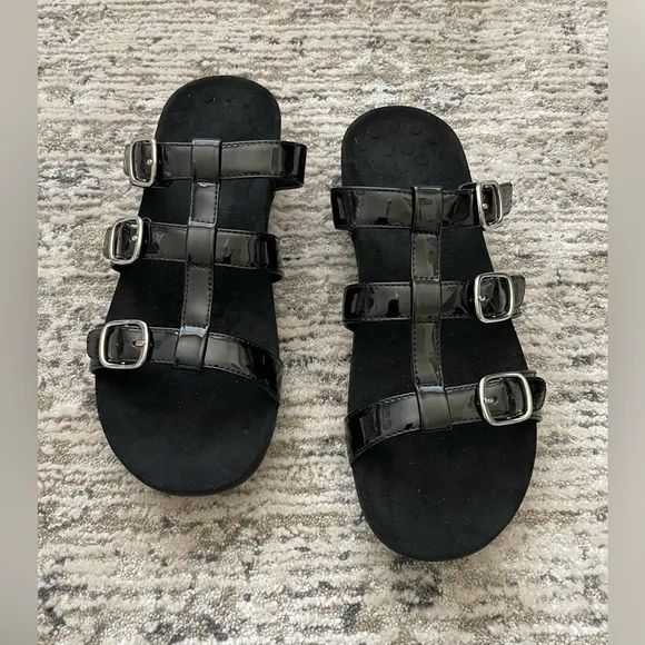 Vionic Misa Leather Sandals Womens Size 11 Arch Comfort Black 3 Strap Slip On