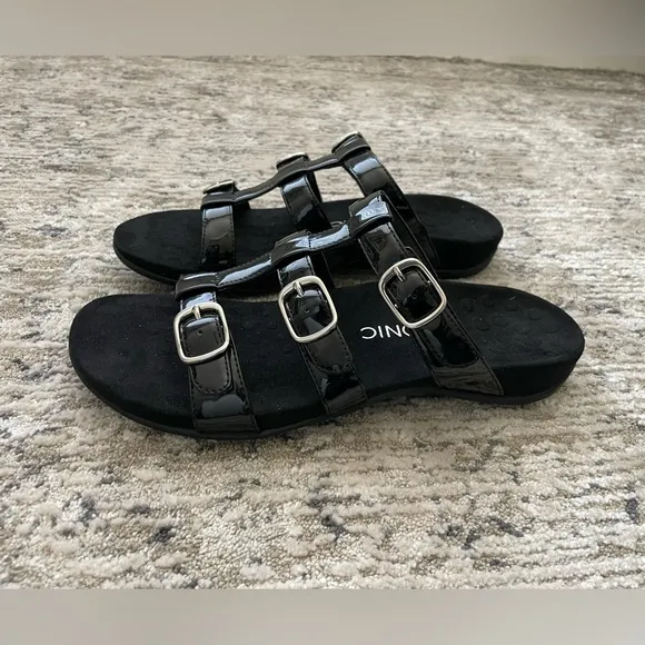 Vionic Misa Leather Sandals Womens Size 11 Arch Comfort Black 3 Strap Slip On