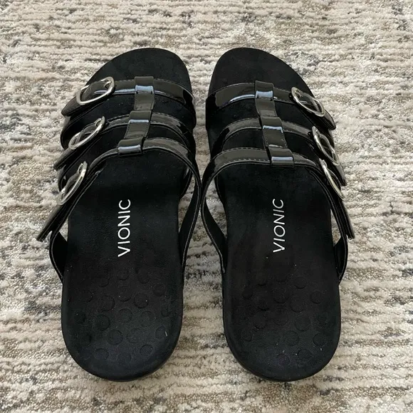 Vionic Misa Leather Sandals Womens Size 11 Arch Comfort Black 3 Strap Slip On
