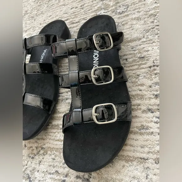 Vionic Misa Leather Sandals Womens Size 11 Arch Comfort Black 3 Strap Slip On