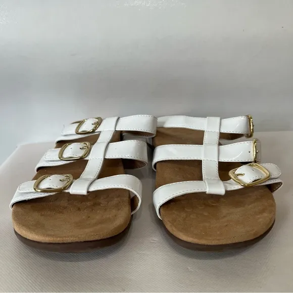 Vionic Misa White Patent Leather Adjustable Slide Sandals