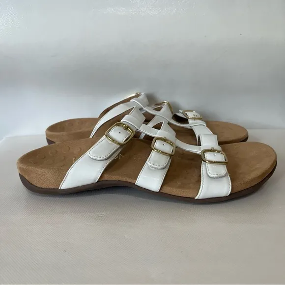 Vionic Misa White Patent Leather Adjustable Slide Sandals