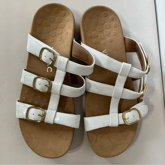 Vionic Misa White Patent Leather Adjustable Slide Sandals