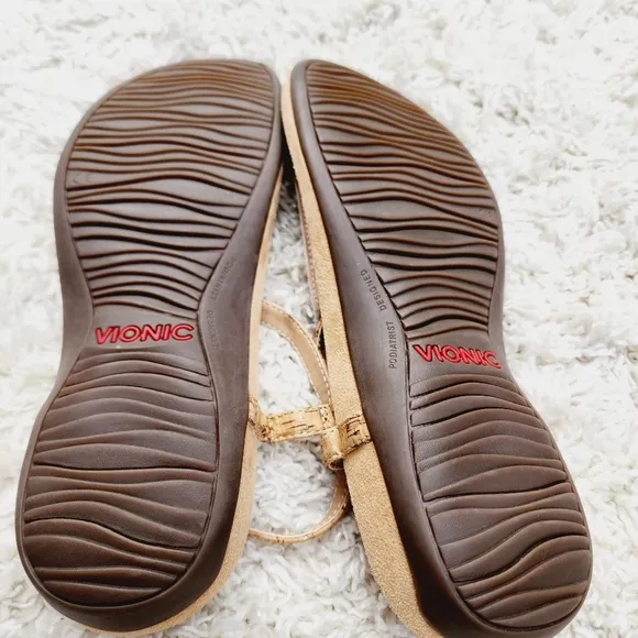 Vionic Nala T-Strap Brown/Gold Sandals Ankle Strap Women Size 8