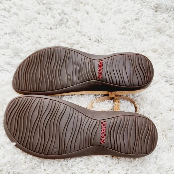 Vionic Nala T-Strap Brown/Gold Sandals Ankle Strap Women Size 8