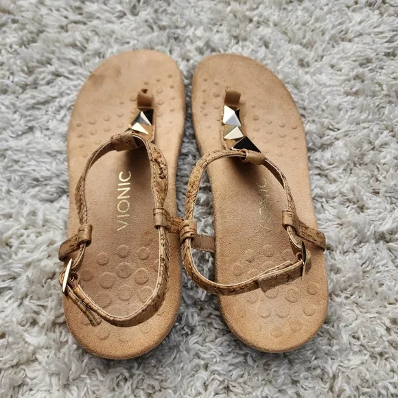 Vionic Nala T-Strap Brown/Gold Sandals Ankle Strap Women Size 8